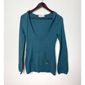 Roxy Knit Hoodie Sweater Size S Teal Deep Scoop Neck Y2K Surf Boho Beach